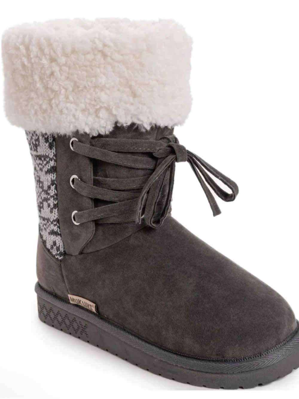 Muk Luks Dark Gray /BrownFaux Suede Lace-Up Winter Bootie with Knit Panel